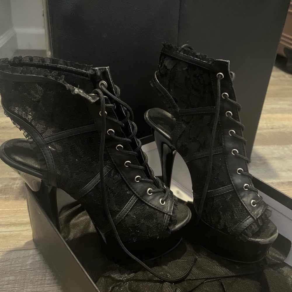 Black lace pleaser heels